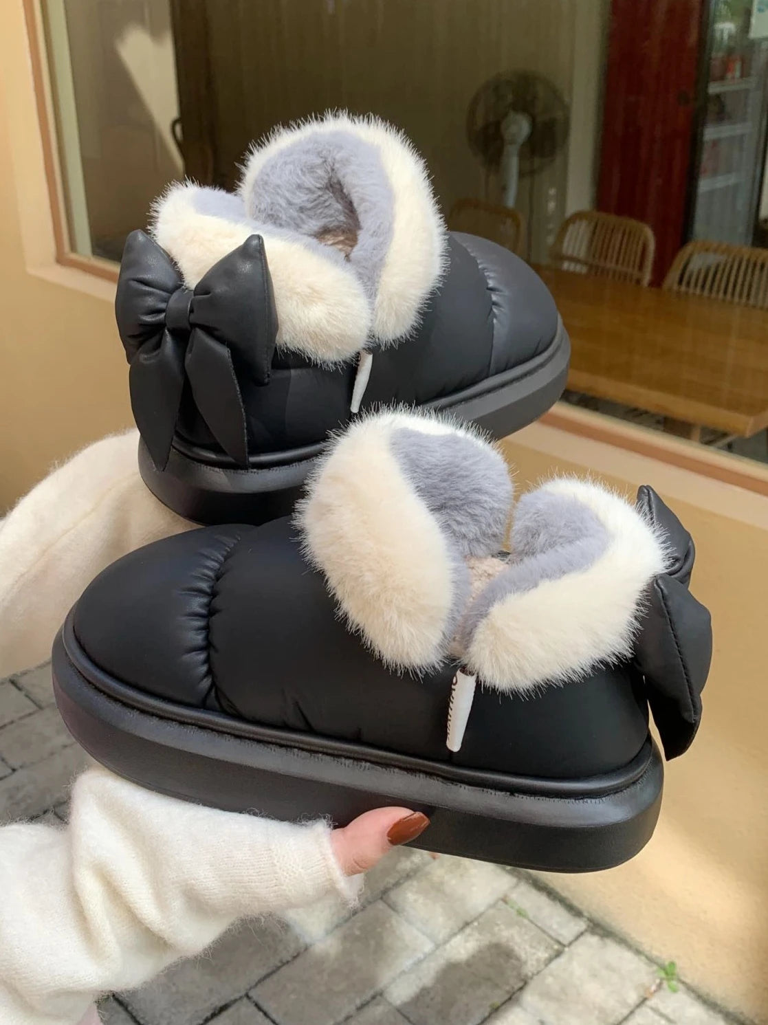 Bow Knot Short Ankle Snow Boots Women Winter Plush And Thick Insulation Waterproof PU Cotton Household Shoes Home Slipper Women