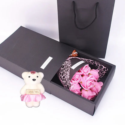 Give a timeless and elegant gift with this artificial rose bouquet paired with a cute little bear, perfect for celebrating life's special moments