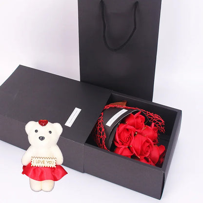 Give a timeless and elegant gift with this artificial rose bouquet paired with a cute little bear, perfect for celebrating life's special moments