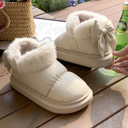 Winter Women Snow Boots Cute Bow Cotton Shoes Waterproof Down Short Barrel Ankle Boots Home Comfort Thick Soled Plush Boots