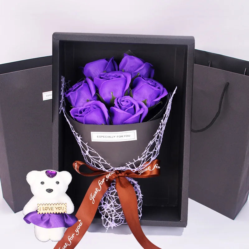 Give a timeless and elegant gift with this artificial rose bouquet paired with a cute little bear, perfect for celebrating life's special moments