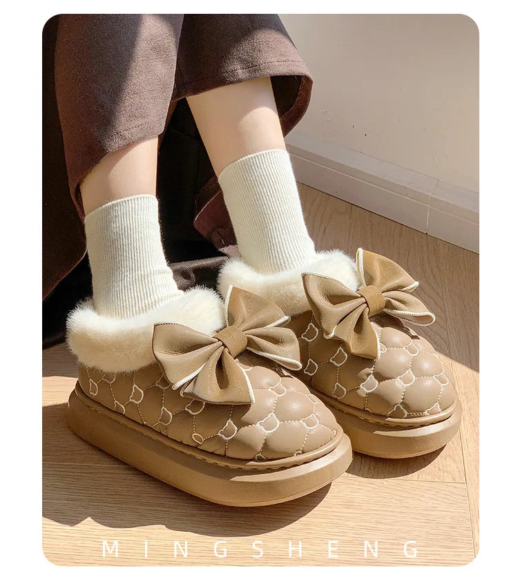 Winter Women Snow Boots Cute Bow Cotton Shoes Waterproof Down Short Barrel Ankle Boots Home Comfort Thick Soled Plush Boots