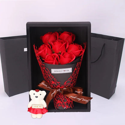 Give a timeless and elegant gift with this artificial rose bouquet paired with a cute little bear, perfect for celebrating life's special moments