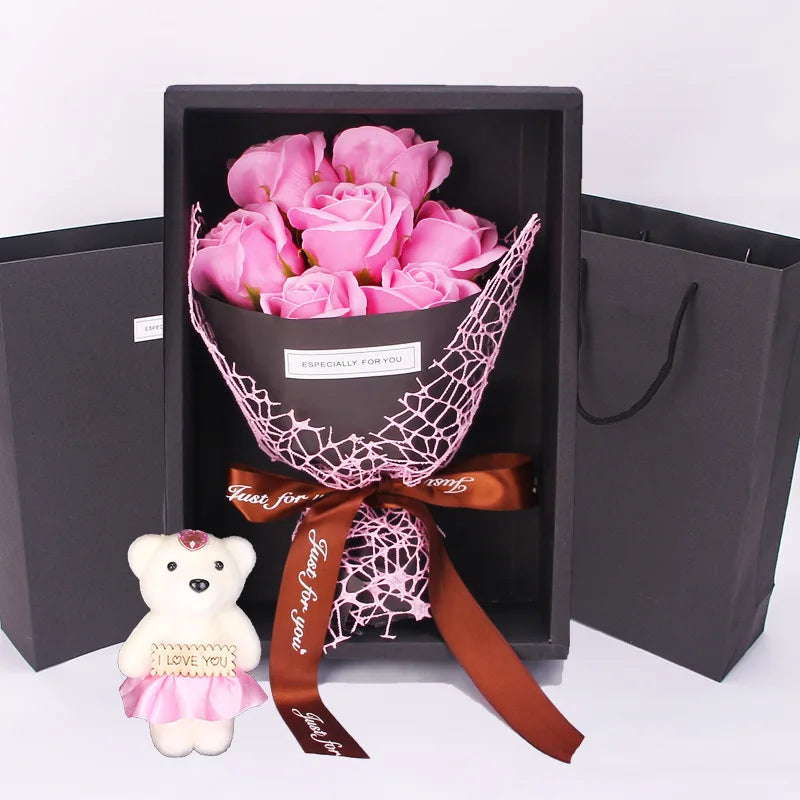 Give a timeless and elegant gift with this artificial rose bouquet paired with a cute little bear, perfect for celebrating life's special moments