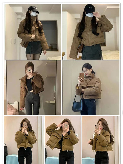 2025 New Winter Cotton Padded Parka Coat Casual Women's Loose Pocket Thick Jacket Zipper Long Sleeve Khaki Puffy Outerwear