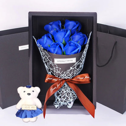 Give a timeless and elegant gift with this artificial rose bouquet paired with a cute little bear, perfect for celebrating life's special moments