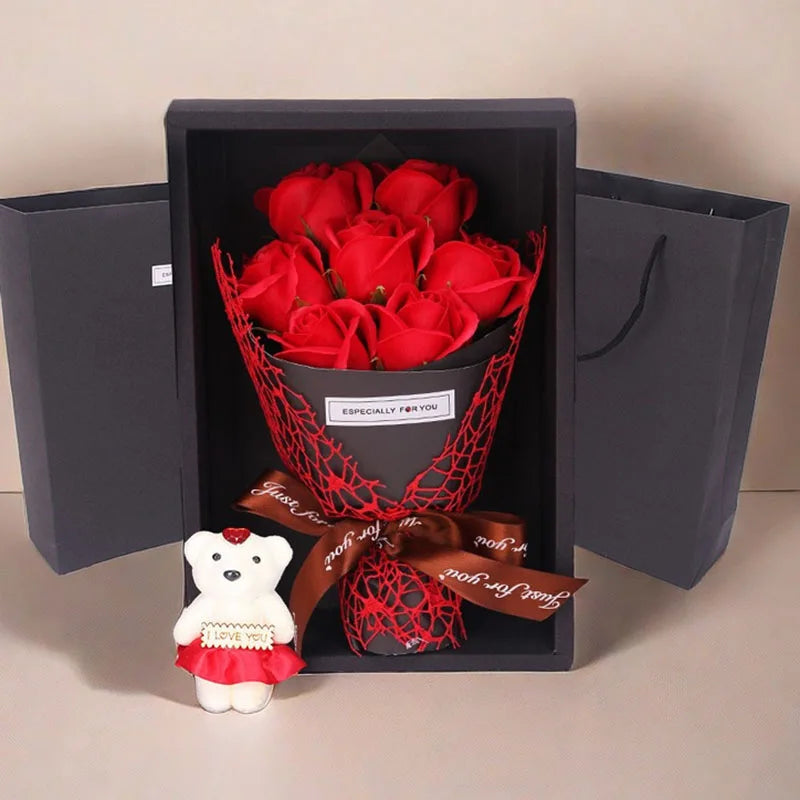 Give a timeless and elegant gift with this artificial rose bouquet paired with a cute little bear, perfect for celebrating life's special moments