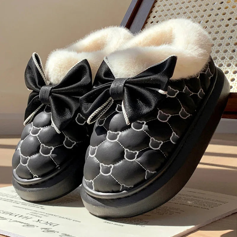 Winter Women Snow Boots Cute Bow Cotton Shoes Waterproof Down Short Barrel Ankle Boots Home Comfort Thick Soled Plush Boots